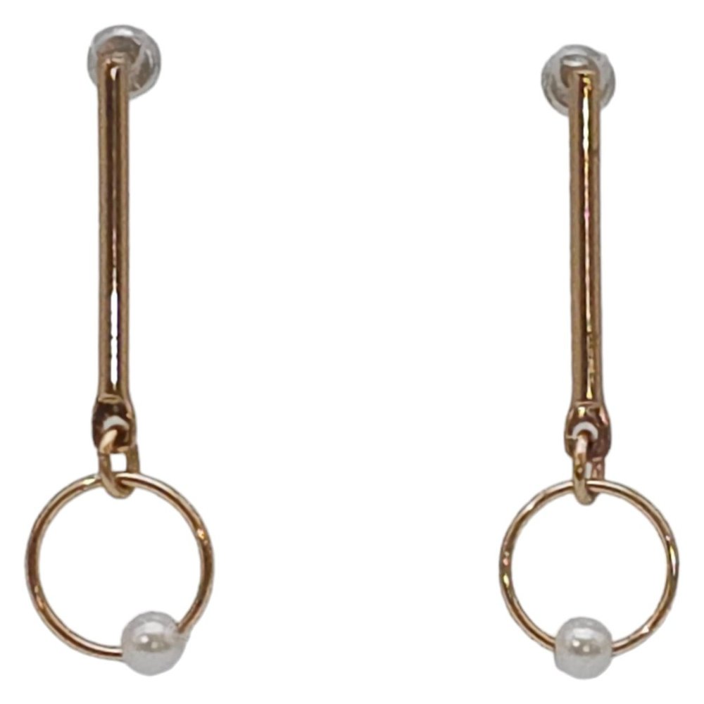Vintage Gold Tone Modern Circle Faux Pearl Earrings 1.5" Drop Dangle Retro P2